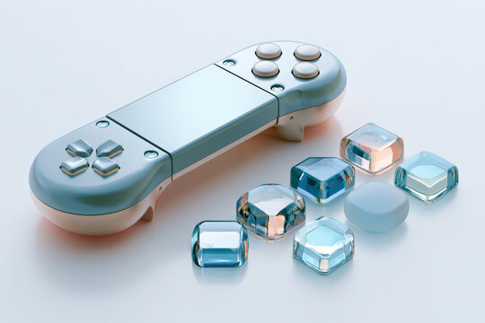 Modern game controller rests beside glowing blue gems