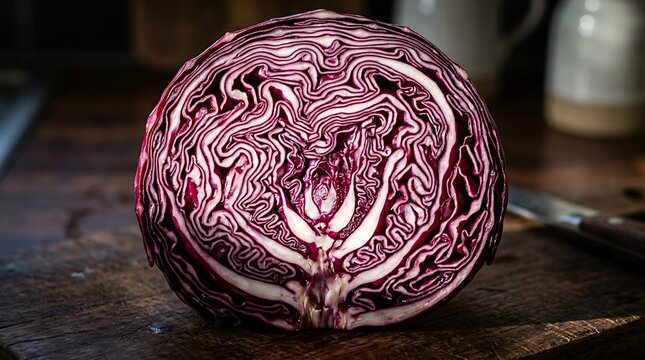 Fresh red cabbage cut in half on a rustic wooden cutting board