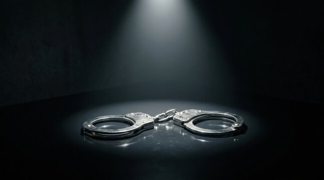 Handcuffs in Spotlight: A pair of polished metal handcuffs lies in the center of a dimly lit stage, dramatically illuminated by a single spotlight, symbolizing justice, law enforcement, and restraint.