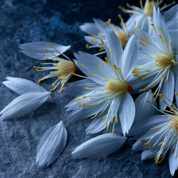 Delicate white chrysanthemum petals scattered on textured gray stone with soft overhead lighting and dark cool blue tones, offering upper-left copy space ideal for memorial posters and peace...