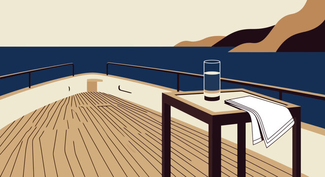 Minimalist boat deck vector with ocean view and table