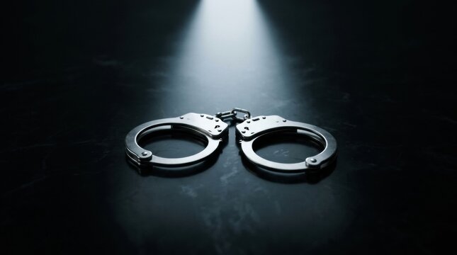 Justice and Confinement: A stark, dramatic image of a pair of metallic handcuffs rests on a dark, reflective surface, illuminated by a single, focused beam of light, evoking themes of justice.