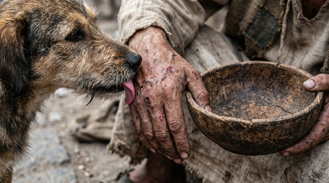 The Parable of the Rich Man and Lazarus. The poor, sick beggar Lazarus sitting at the heavy iron gates of a wealthy estate