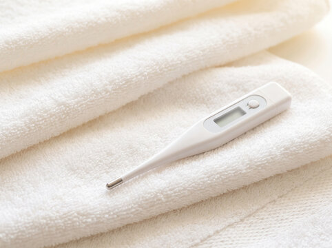 Digital Medical Thermometer Resting on Folded White Towel With Soft Warm Light and Clean Minimal Composition