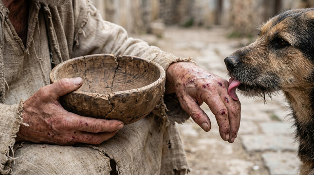 The Parable of the Rich Man and Lazarus. The poor, sick beggar Lazarus sitting at the heavy iron gates of a wealthy estate