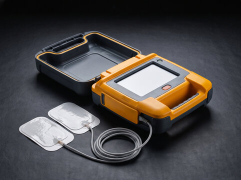 Portable Defibrillator With Electrode Pads and Cables Laid Out Ready on Dark Emergency Response Surface