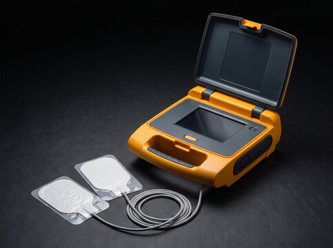 Portable Defibrillator With Electrode Pads and Cables Laid Out Ready on Dark Emergency Response Surface