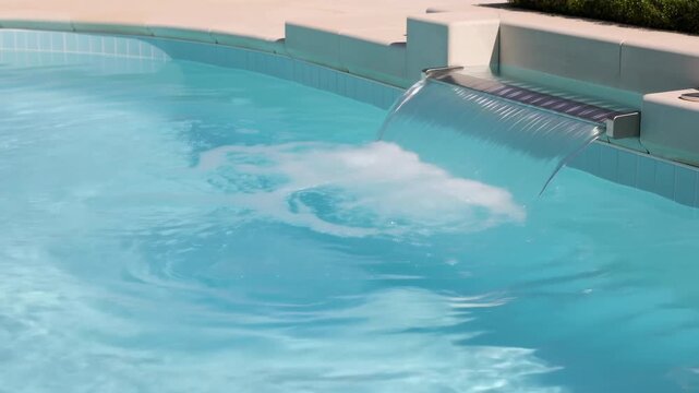 Stainless steel cascade spout pouring continuous water sheet into turquoise tiled pool with foamy return, spreading ripples, bright daylight, resort setting, with pool, water, cascade, spout detail