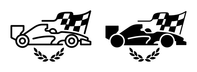 Fototapeta premium Formula 1 Racing Car Icons, Checkered Flag and Laurel Wreath Vector Graphics. Speed, Victory, Motorsport Symbols.