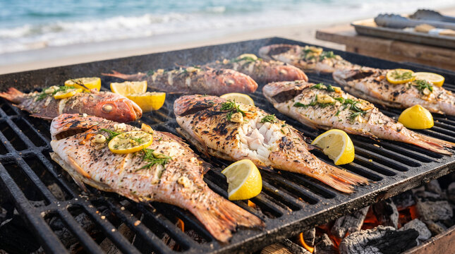 Grilling snapper fish with lemon on the beach