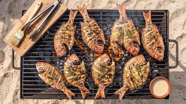 Grilling snapper fish on the beach