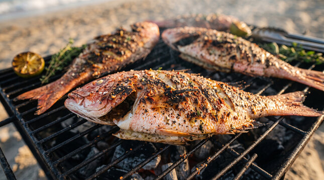 Grilling snapper fish on the beach
