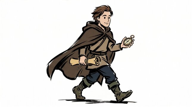 Illustration of a traveler in a cloak walking with a map and compass
