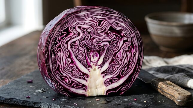 A fresh cross-section of vibrant red cabbage showcasing intricate leaf patterns on a rustic slate board