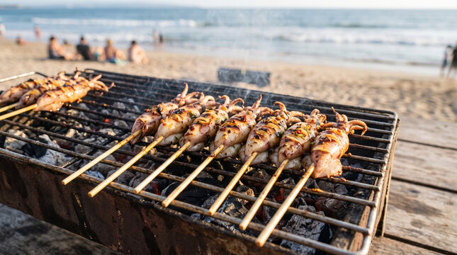 Grilling squid skewers on the beach