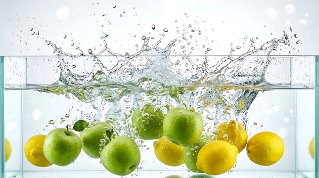 Fresh green apples and yellow lemons splashing in clear water