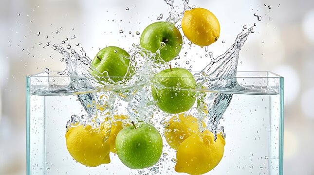 Fresh green apples and bright yellow lemons splashing into clear water creating a dynamic energetic scene