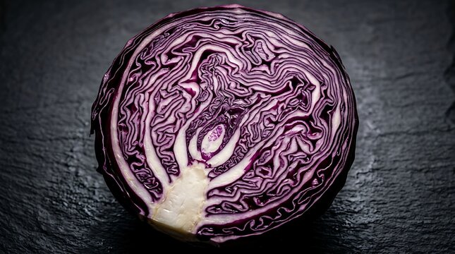 A close-up shot of a sliced red cabbage showcasing its intricate purple and white patterns on a dark slate background