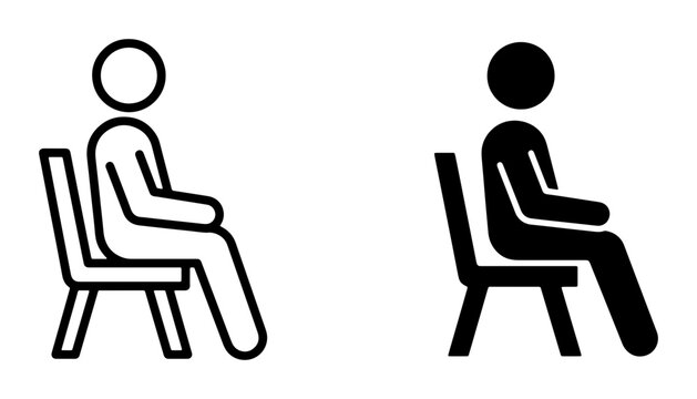 Seated Person Icons, Sitting Figure Symbols, Waiting Human Pictograms, Simple Black and White Vector Graphics for User Interface and Information Design