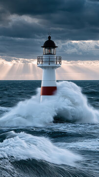 Lighthouse ocean wave storm dramatic sky sunlight beacon sea water. powerful wave crashes against small lighthouse middle of ocean dramatic sky