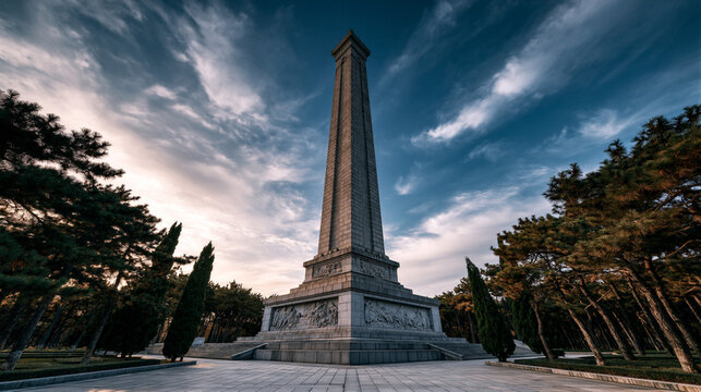Majestic gray granite obelisk monument rising against vivid azure sky with white clouds, solemn memorial setting with pine trees, ideal for patriotic education and official campaigns.