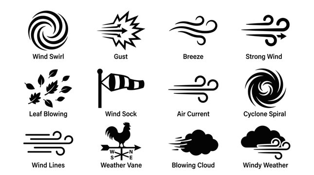 Set of black weather and wind icons featuring meteorological symbols.