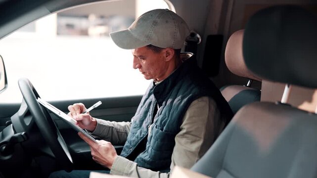 Shipping, signature and delivery man with clipboard in vehicle, notes or inventory for distribution. Supply chain, courier and person with checklist, writing and logistics approval in transport