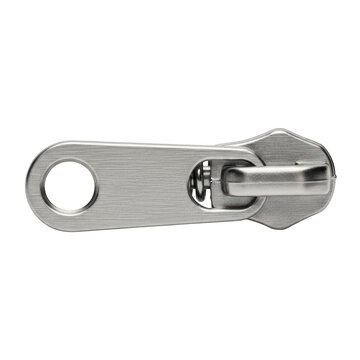 Close up of shiny silver zipper puller for clothing accessories.