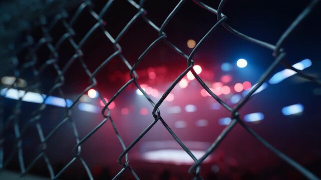 Intense Combat Sports Arena Lights and Crowd Bokeh Behind Chain Link Fence