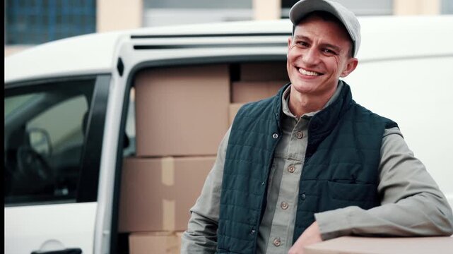 Face, driver and delivery man by van with boxes, shipping distribution or pride for supply chain job. Happy, person outdoor and courier service with car, ecommerce package or transport for logistics.