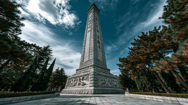 Majestic gray granite obelisk monument rising against vivid azure sky with white clouds, solemn memorial setting with pine trees, ideal for patriotic education and official campaigns.