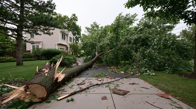 Large Fallen Tree Blocking a Suburban Driveway Beside a Residential House After a Storm with Broken Trunk Scattered Branches and Damaged Landscaping