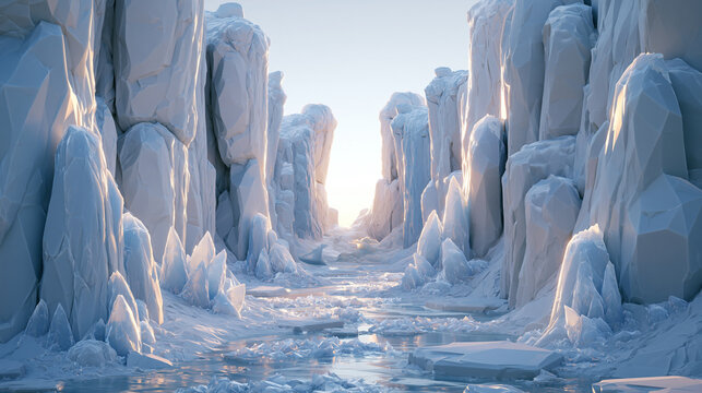 Polar Wilderness View of Towering Blue Ice Canyon with a Frozen Stream Illuminated by Soft Sunrise Light