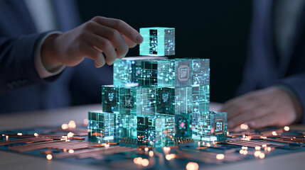 Naklejka premium Businessperson Stacking Illuminated Glass Cubes on a Digital Circuit Board With Glowing Data Connections in a Dark Office