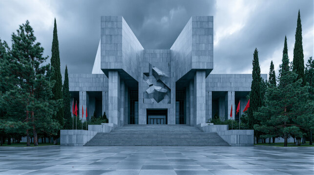 Solemn modern memorial hall exterior with grand stone steps and towering columns, cool blue-gray tones, dramatic overcast sky, clean negative space for documentary and educational branding.