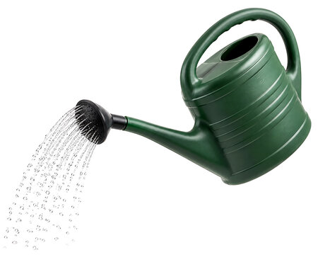 Green plastic watering can pouring water. Gardening tool for plant care and irrigation.