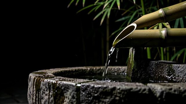 Bamboo Water Fountain In Stone Basin.