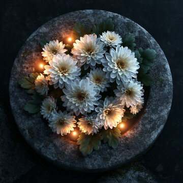 White chrysanthemums on weathered stone with soft candlelight, dark backdrop and right negative space for text, perfect for memorial posters, funeral backgrounds, and remembrance designs.