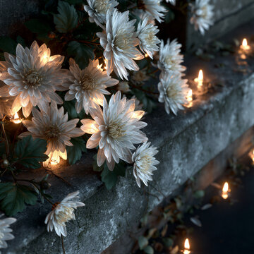 White chrysanthemums on weathered stone with soft candlelight, dark backdrop and right negative space for text, perfect for memorial posters, funeral backgrounds, and remembrance designs.