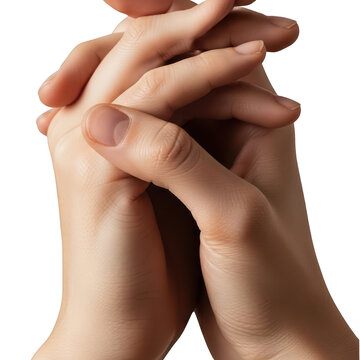 Close up of folded hands showing clasped fingers.