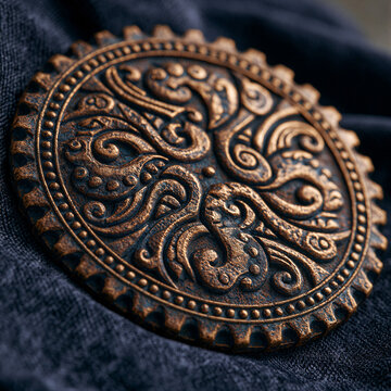 Bronze medal with abstract relief on navy velvet background. Warm patina and soft lighting highlight sharp macro details. Negative space for luxury branding and heritage campaigns.