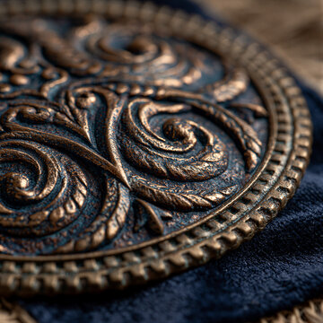 Bronze medal with abstract relief on navy velvet background. Warm patina and soft lighting highlight sharp macro details. Negative space for luxury branding and heritage campaigns.