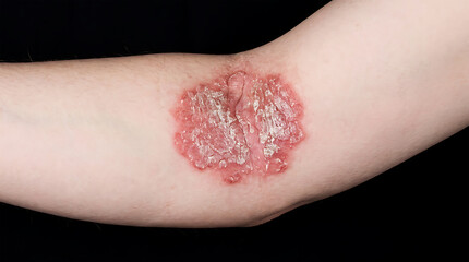 Fototapeta premium Red, scaly rash on human elbow skin