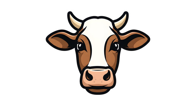 Expressive cartoon-style illustration of a cow's head, featuring brown and white patches and small horns, ideal for farm themes, dairy branding, or children's animal designs