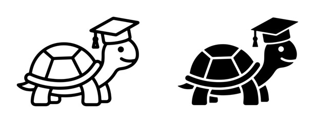 Graduation Turtle Icons: Outline and Silhouette Vector Set for Education and Learning Concepts