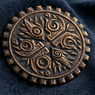 Bronze medal with abstract relief on navy velvet background. Warm patina and soft lighting highlight sharp macro details. Negative space for luxury branding and heritage campaigns.
