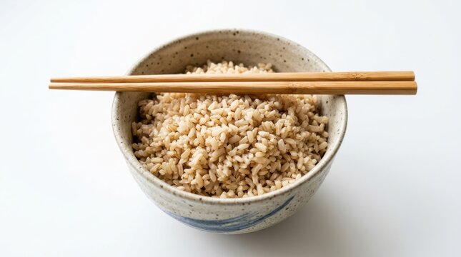 A ceramic bowl of cooked brown rice with chopsticks isolated on white background