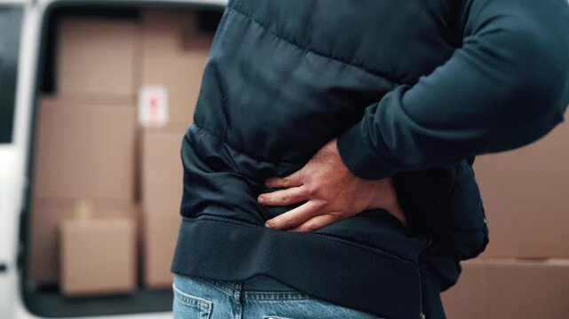 Logistics, delivery or hands outdoor with back pain, spine issue or labor injury in distribution. Backache, man or courier with package lifting, physical strain or muscle discomfort in supply chain.