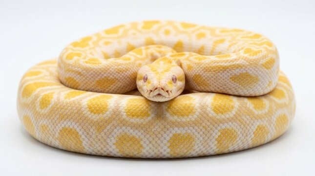 Albino burmese python snake coiled in a circle isolated on white background
