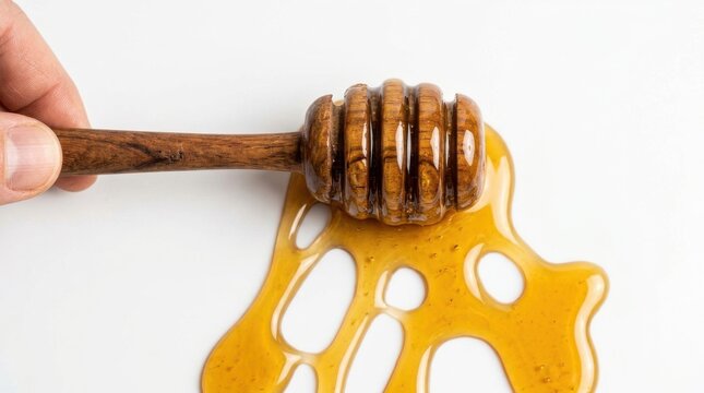 Honey dipper with golden honey dripping on a white surface